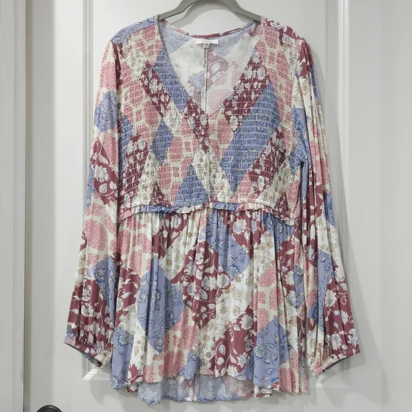 MAURICES Patchwork Floral Print Long Sleeve Peplum Top, V Neck, Smocked Chest - Picture 3 of 15